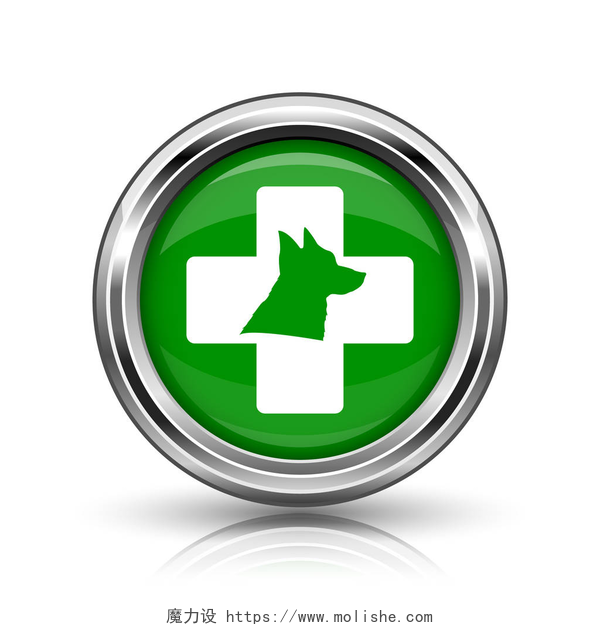 绿色的兽医图标金属按钮兽医图标。白色背景上的金属互联网按钮